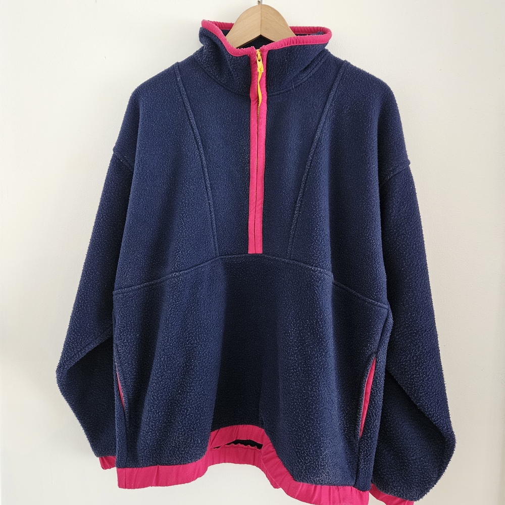 Vintage 90s GAP Arctic Light Fleece Medium 1/4 Zip Oversized Pullover Navy Pink